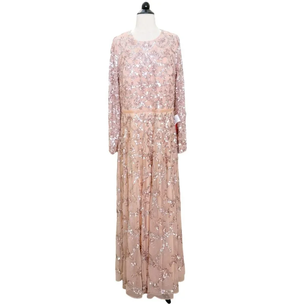 NWT MAC DUGGAL EMBELLISHED ILLUSION HIGH NECK LONG SLEEVED GOWN BLUSH 12 5496 - Picture 6 of 8
